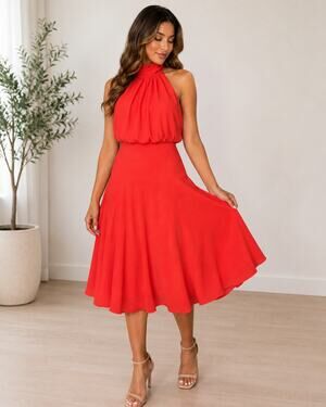 Taylor Dress Womens Size 6 Coral Halter Mock Neck Fit Flare Midi Dress Zipper